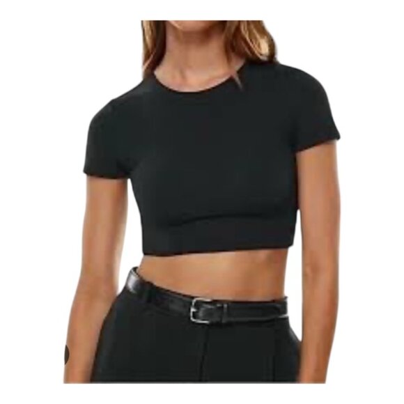 Babaton Aritzia Small Black Contour Crewneck Short Sleeve Crop Top - Picture 1 of 6